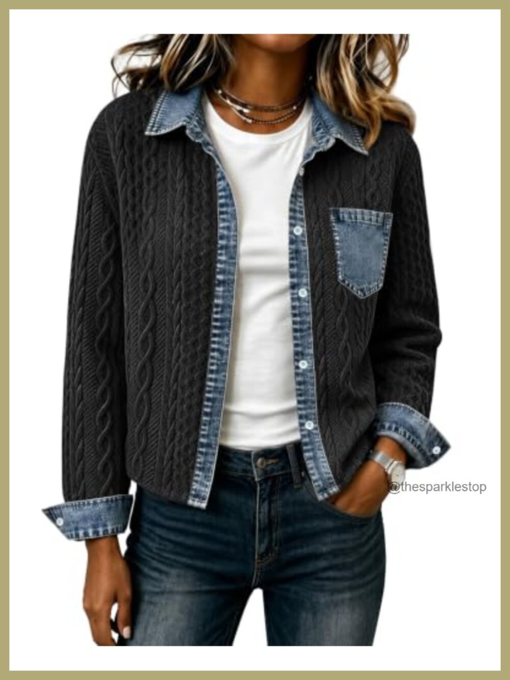 Cropped Denim Collared Bomber Jacket Cable Knit Shacket